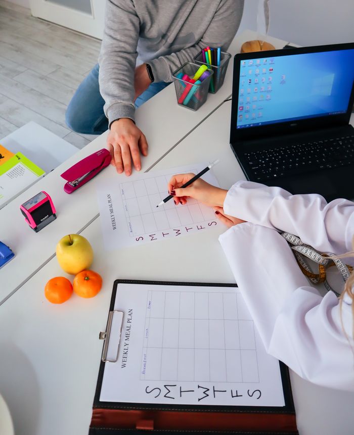 A nutritionist and a patient discuss a weekly meal plan in a modern office setting.
